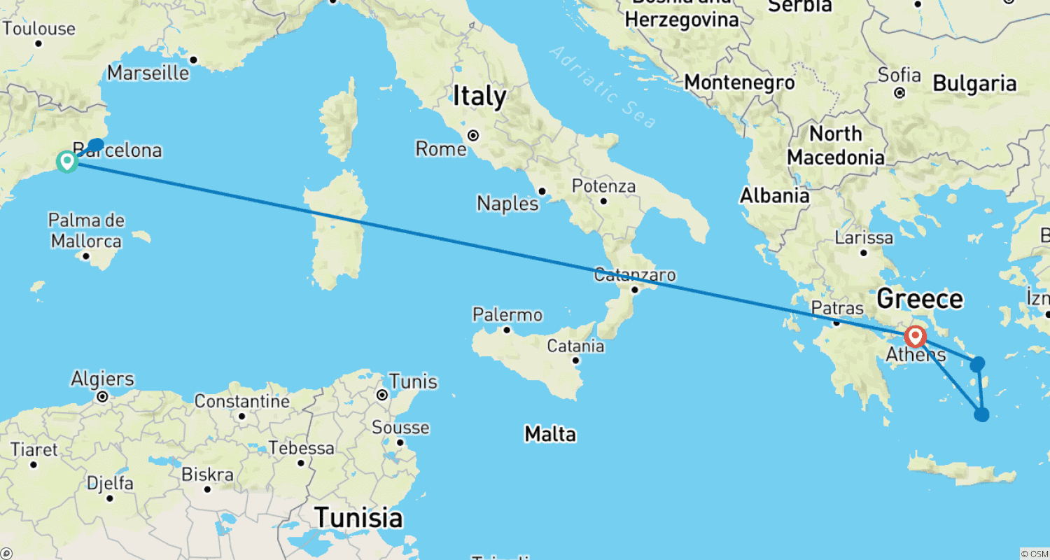 Mapa do percurso de Mediterranean Marvels | Barcelona, Athens, Mykonos & Santorini