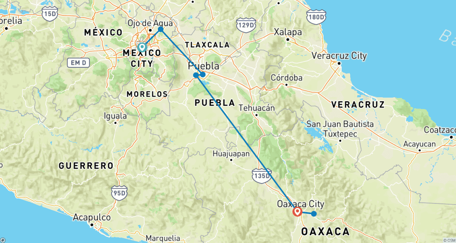 Mexico City to Oaxacaのルートマップ