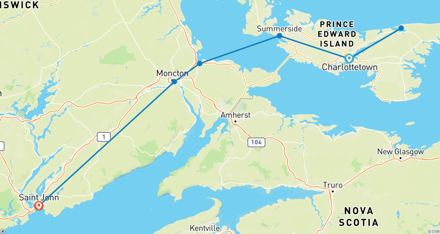 Mapa trasy: Kanadyjskie Prowincje Nadmorskie: Wyspa Księcia Edwarda do Nowego Brunszwiku