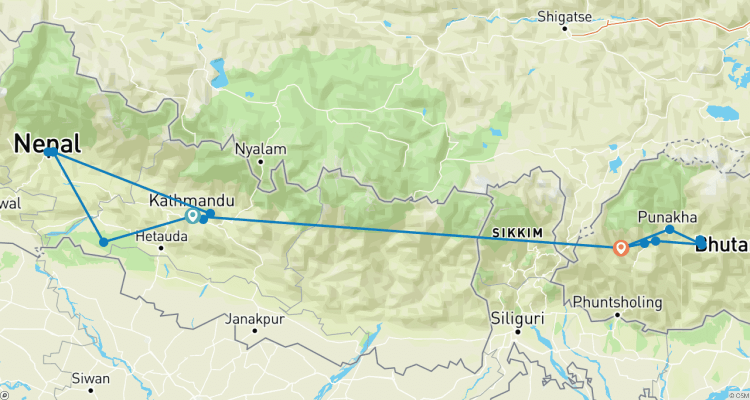 خريطة مسار Premium Nepal & Bhutan (16 destinations)