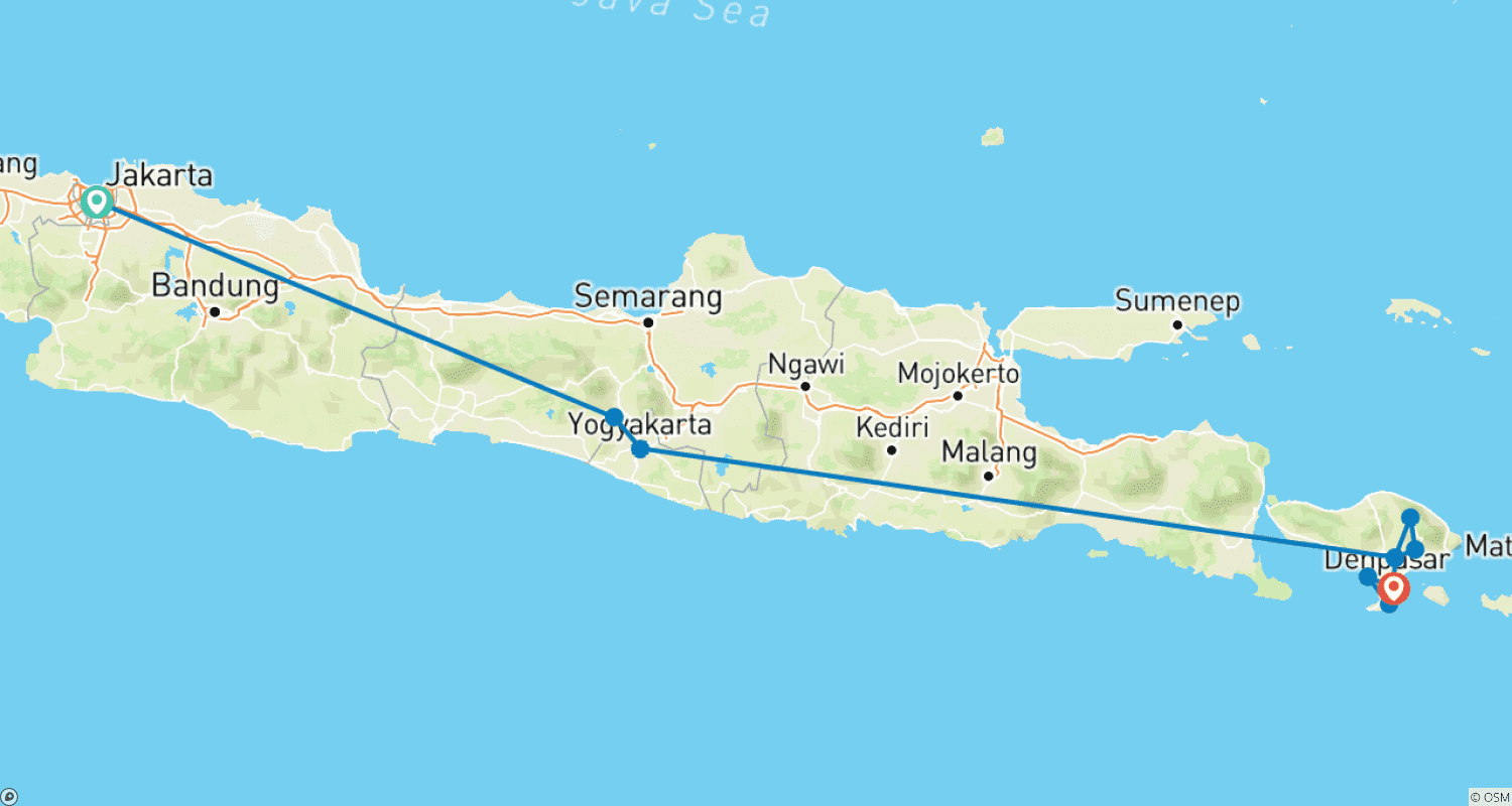 Mapa trasy: Premium Jawa i Bali (11 destynacji)
