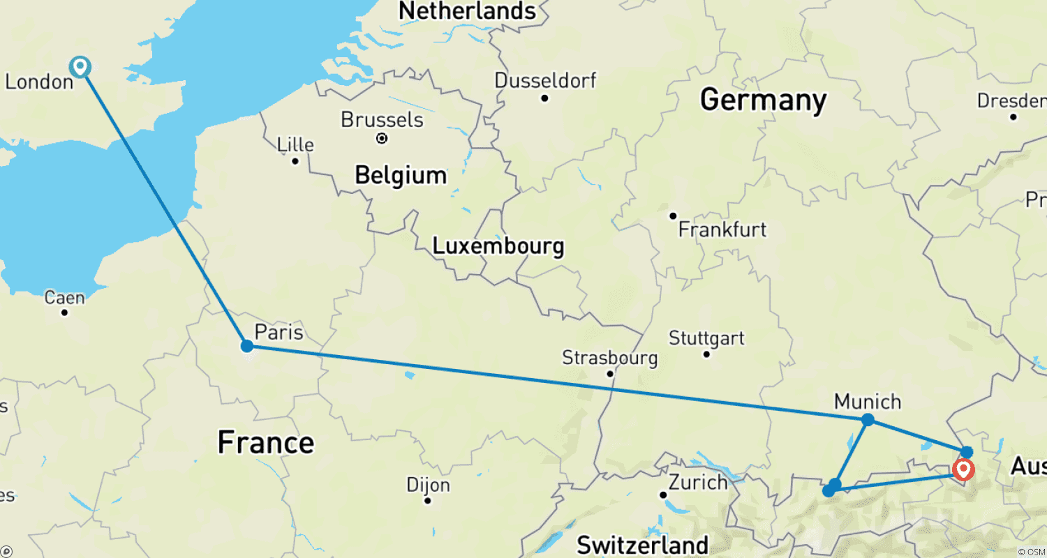 خريطة مسار London, Paris and Munich in 10 Days