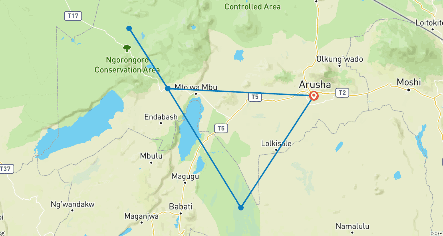 Mapa do percurso de Safari Econômico de 3 Dias na Tanzânia (Tarangire, Ngorongoro e Meserani Snake Park)