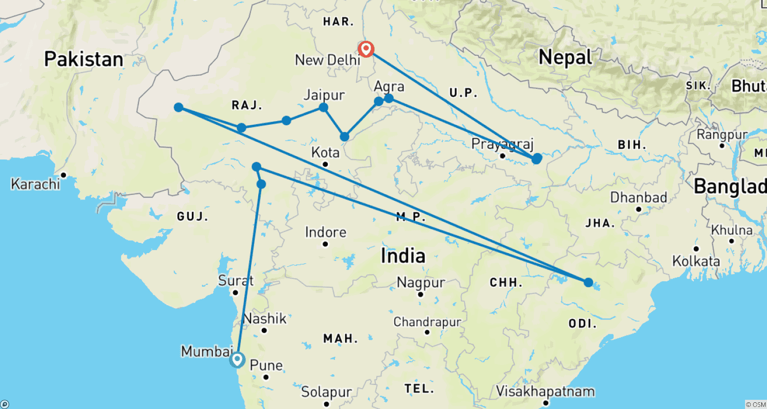 خريطة مسار Bespoke Rajasthan Tour with Varanasi & Mumbai 20 Days