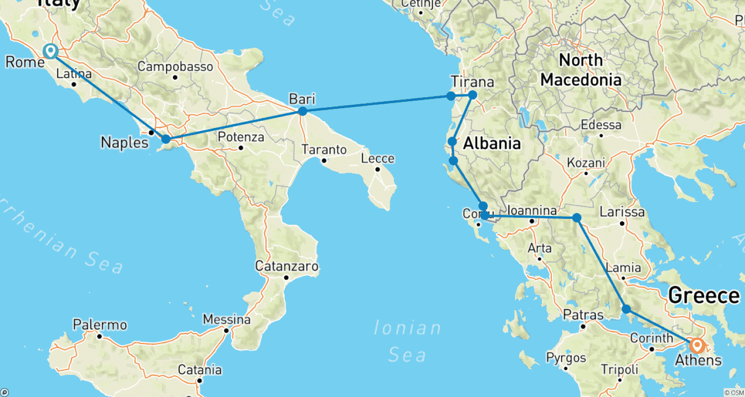 The Ancient World Tour: Italy - Albania - Greeceのルートマップ
