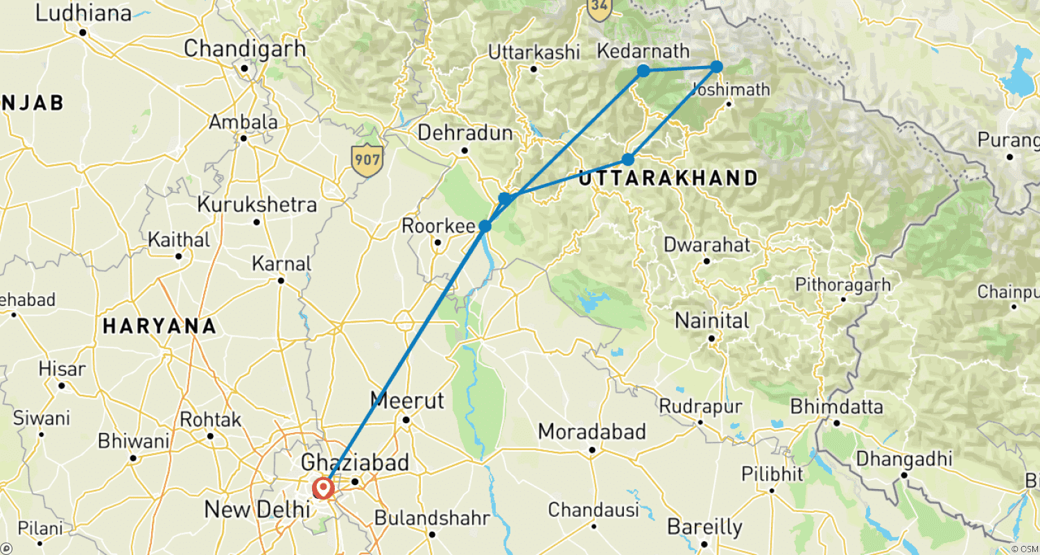 Mapa trasy: Kedarnath Badrinath Yatra z Delhi