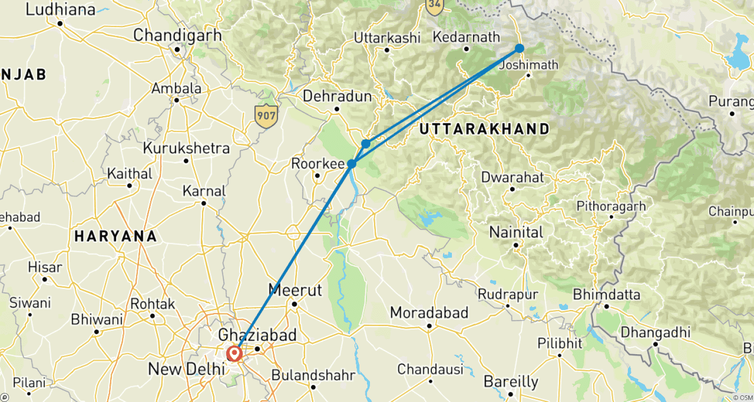 Mapa trasy: Badrinath Tour From Delhi