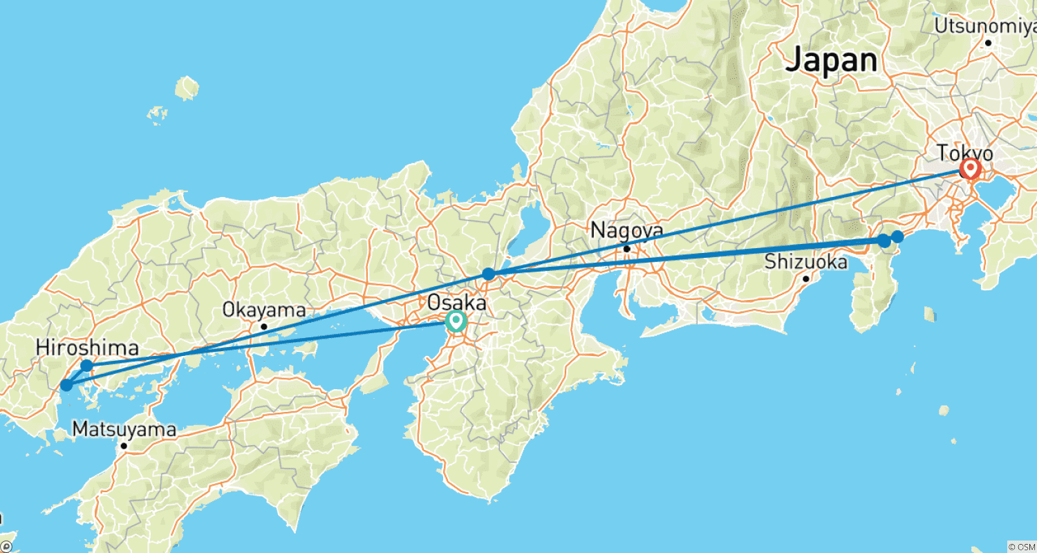 8日間の日本冒険（プライベートガイドとドライバー付き）- Umetravelのルートマップ