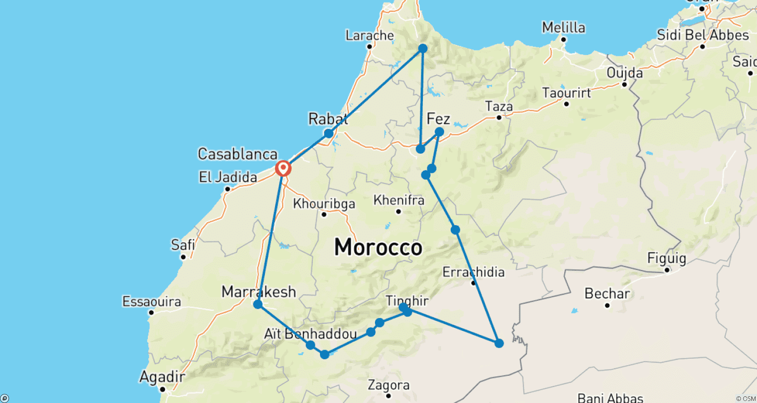 Mapa trasy: 9-dniowa wycieczka po imperialnych miastach i luksusowym obozie na pustyni & Maroko z Casablanki