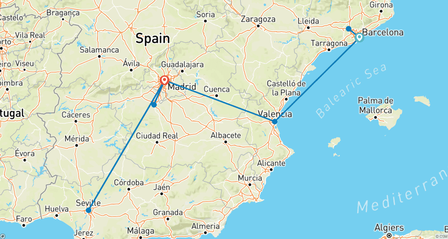 Mapa trasy: Hiszpania w 9 dni: Barcelona, Walencja i Madryt