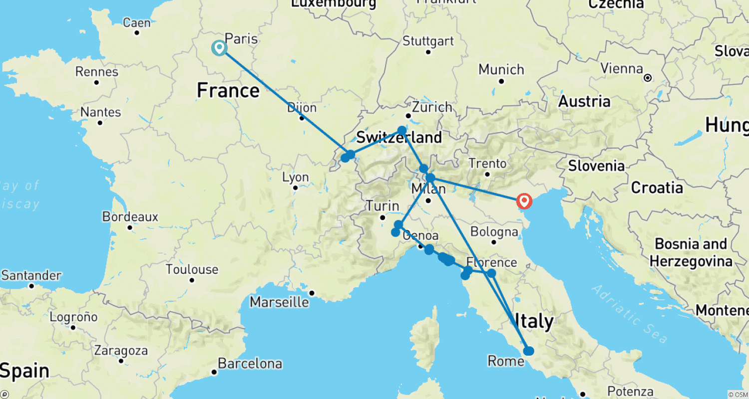 خريطة مسار France, Switzerland, and Italy by Rail