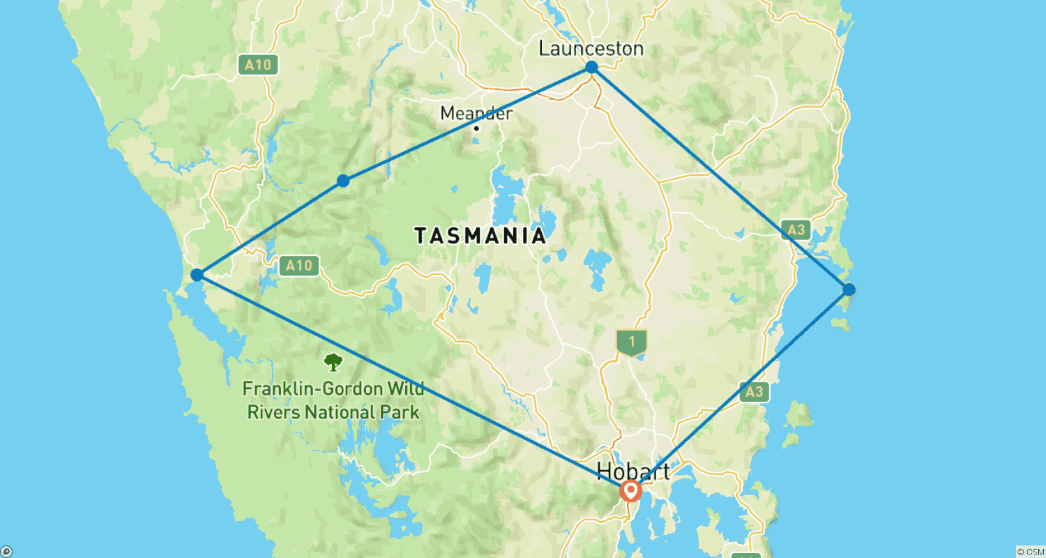 Mapa trasy: Tasmania's magic on 4 wheels