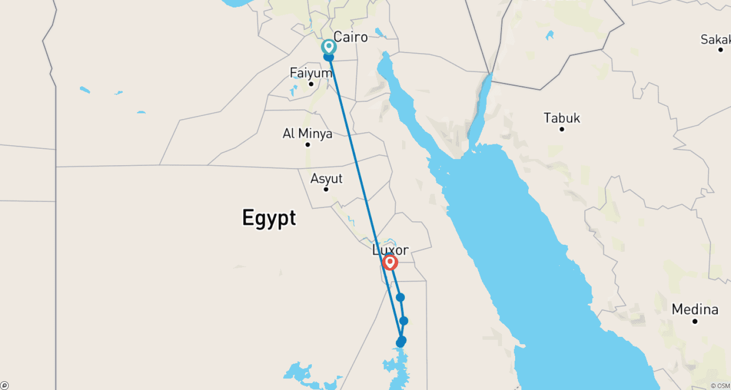 Mapa do percurso de Expedição de Luxo Econômica de 8 Dias: Cairo e Cruzeiro no Rio Nilo (Visita ao Museu GEM)