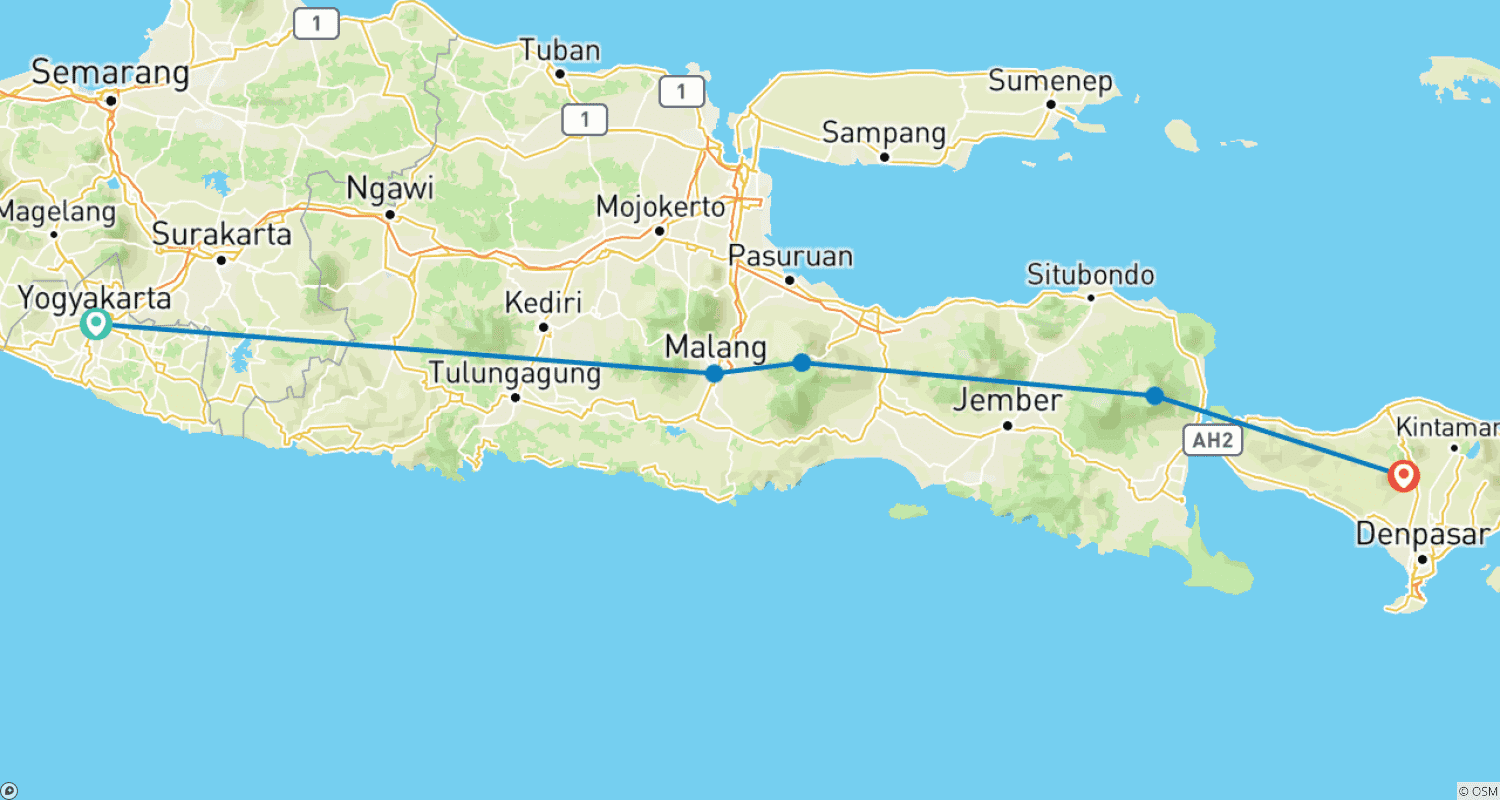 Mapa trasy: From Yogyakarta: Tumpak Sewu Water fall, bromo and Ijen Tour