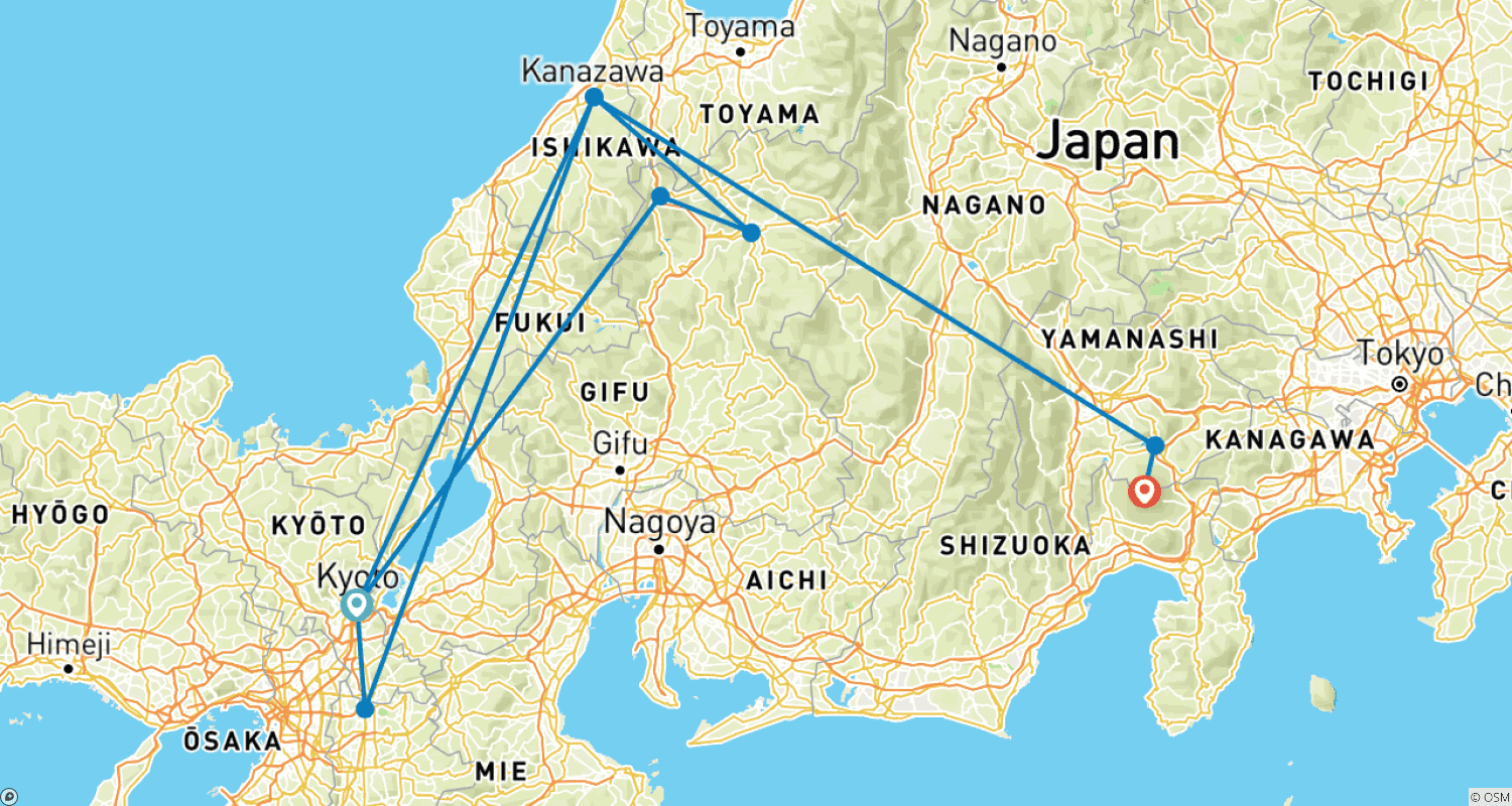 6日間ゴールデンジャパン（専属ガイドとドライバー付き）- Umetravelのルートマップ