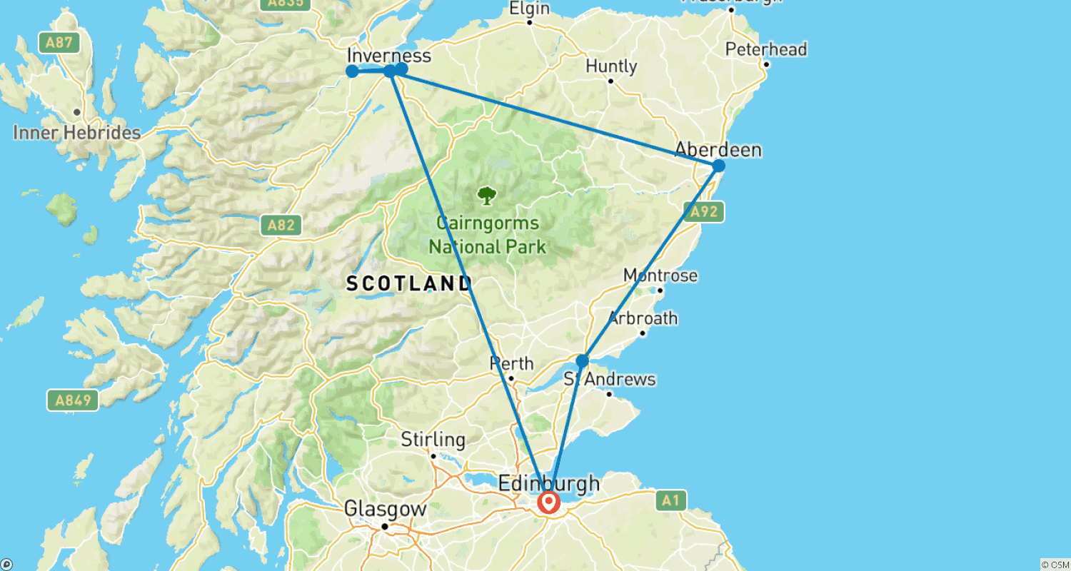 خريطة مسار Scotland's East Coast Rail Tour