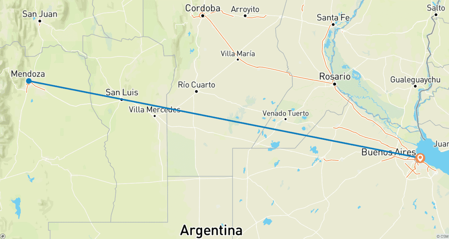Mapa do percurso de 7 Dias de Aventuras na Natureza em Buenos Aires e Mendoza