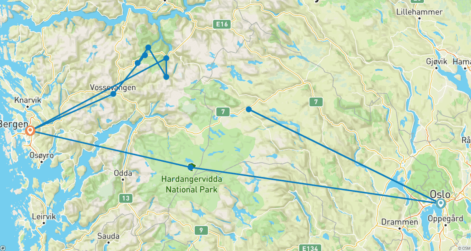Mapa do percurso de De Oslo a Bergen em uma Semana com uma estadia ao longo do Condado de Viken (Geilo, AL, Finse..)