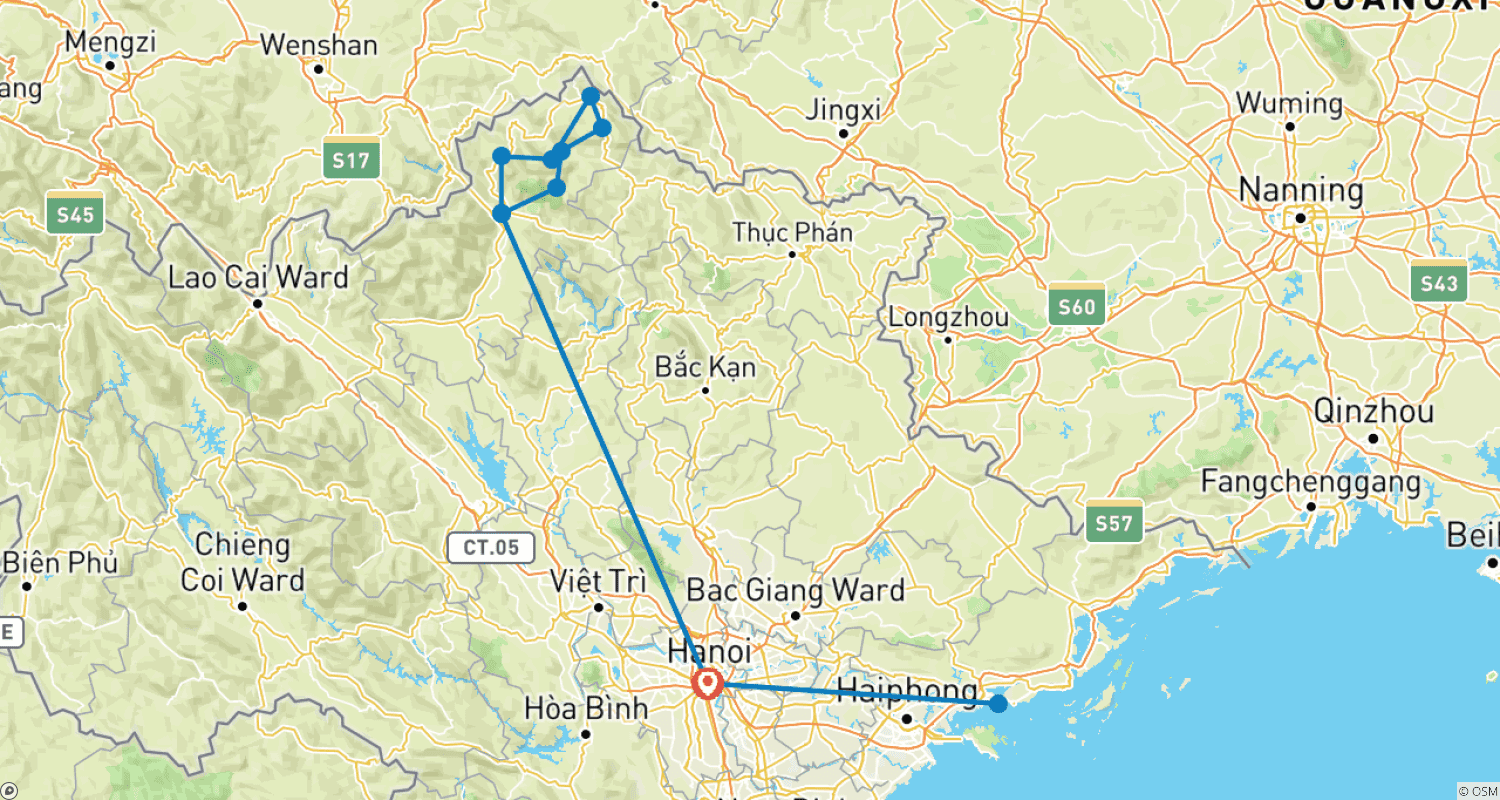 Mapa do percurso de Horizontes do Vietnã: Hanói - Ha Giang - Baía de Halong - Aventura Ilimitada