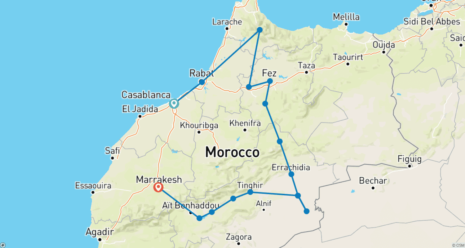 Mapa do percurso de Morocco 9 Days Tour from Casablanca to Marrakech by Fes and Merzouga
