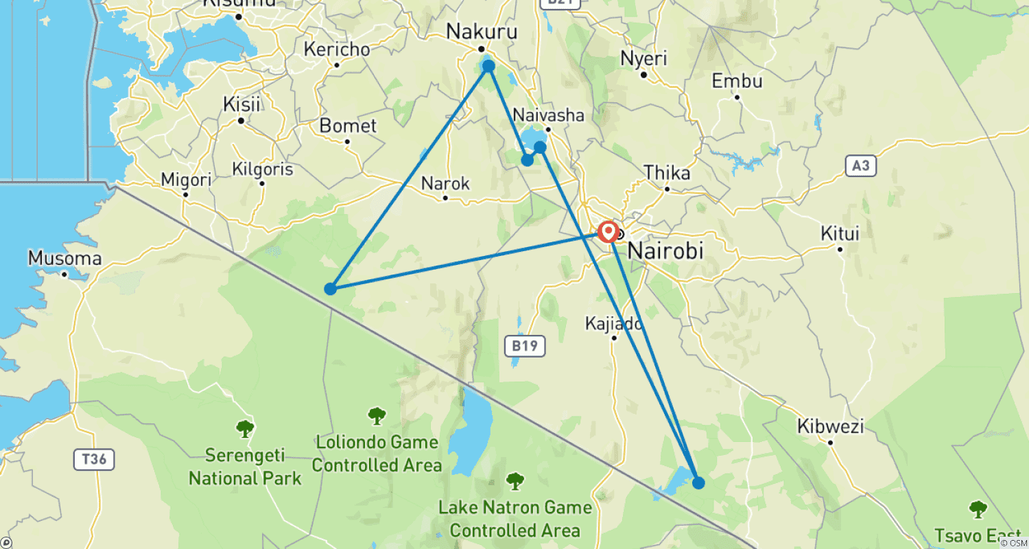 Mapa do percurso de Safári de 7 Dias: Explore Amboseli, Nakuru, Maasai Mara, Naivasha