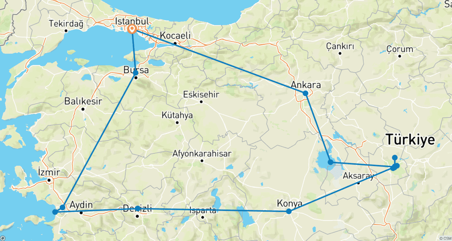 Mapa do percurso de 12 Dias: Ícones da Turquia – Excursão Terrestre com a Cidade de Bursa