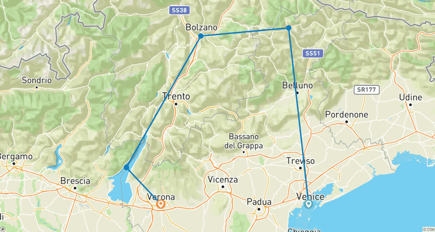 Mapa do percurso de Esplendor Alpino: Uma Jornada Pelas Dolomitas, Tirol do Sul e Lago de Garda