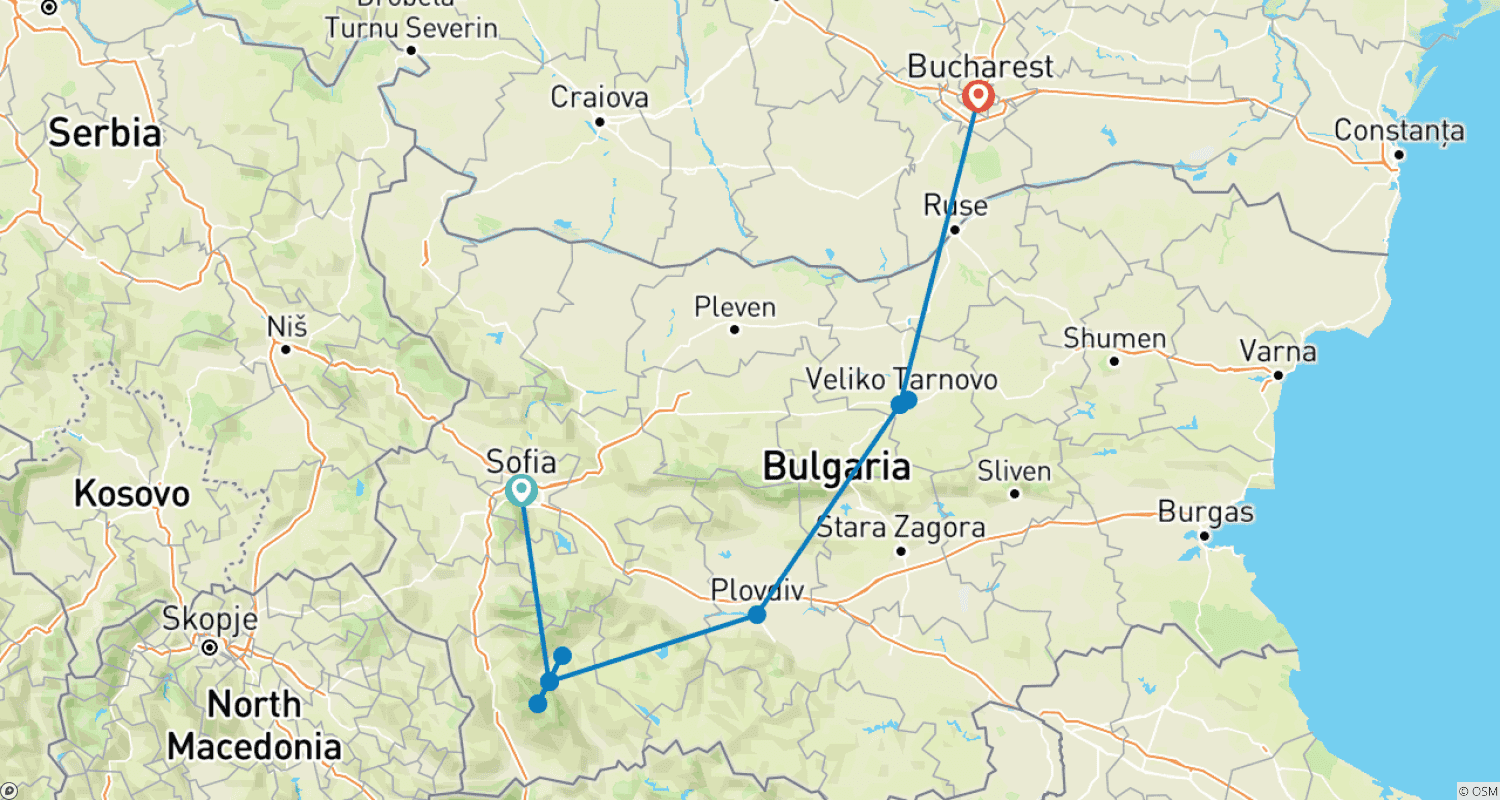 خريطة مسار Earthwise Bulgaria tour: by train from Sofia to Bucharest