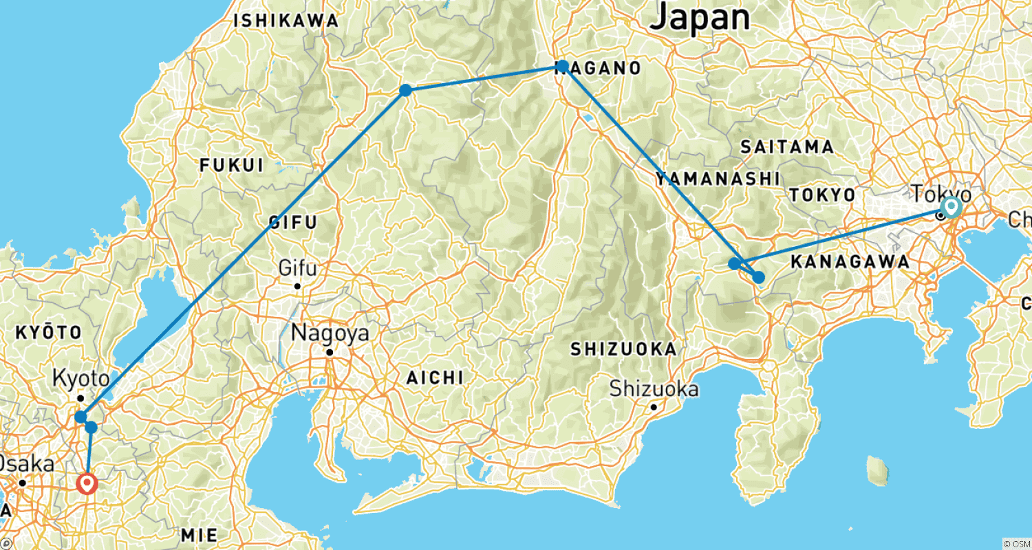 Mapa do percurso de 5 Dias Incríveis no Japão (Guia e Motorista Privados) - Umetravel