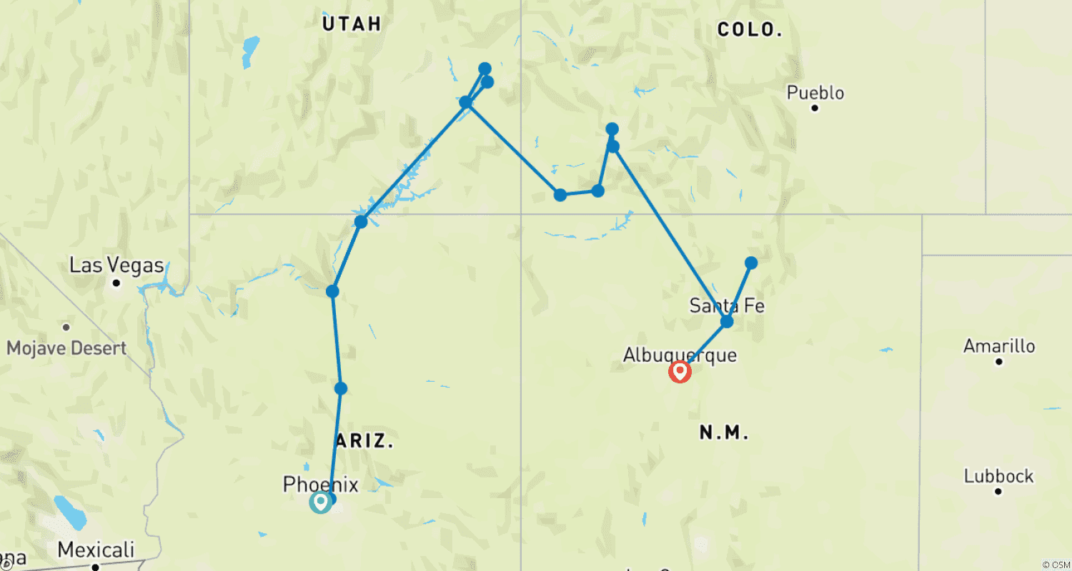 Mapa trasy: Kolorowe Szlaki Południowego Zachodu (Balloon Fiesta, Zakończenie w Albuquerque)