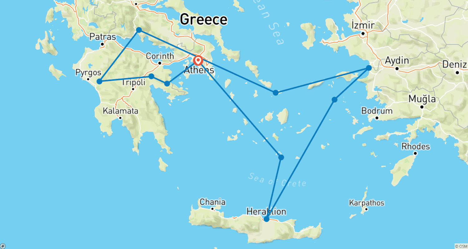 Gems of Greece & Aegean Cruise - 9 daysのルートマップ
