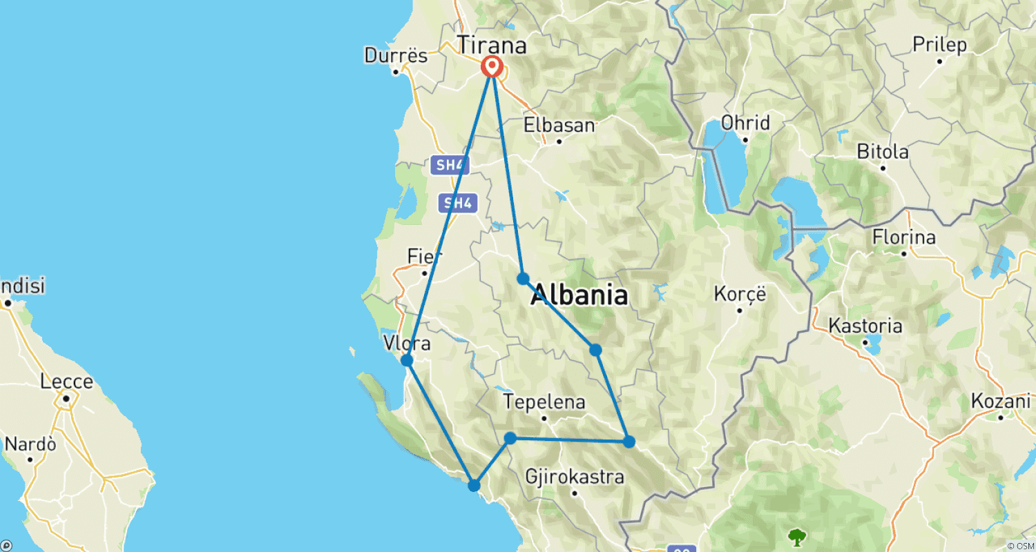 Mapa do percurso de Aventura Albanesa de 6 Dias | Das Montanhas à Riviera | Caminhada, 4x4 e Rafting