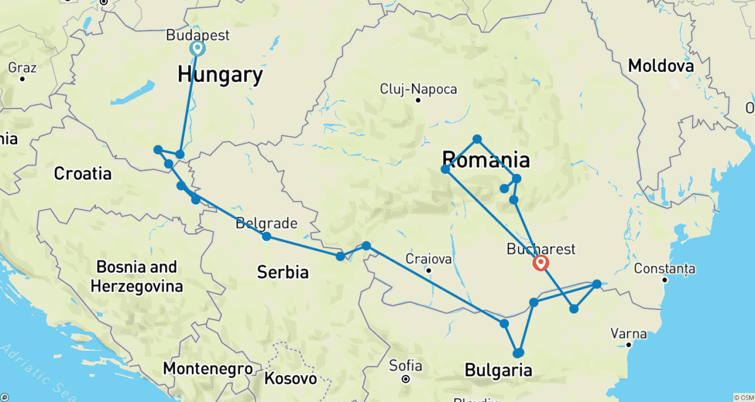 Mapa do percurso de Europa Oriental e Bálcãs Desvendados com a Transilvânia 2026|2027
