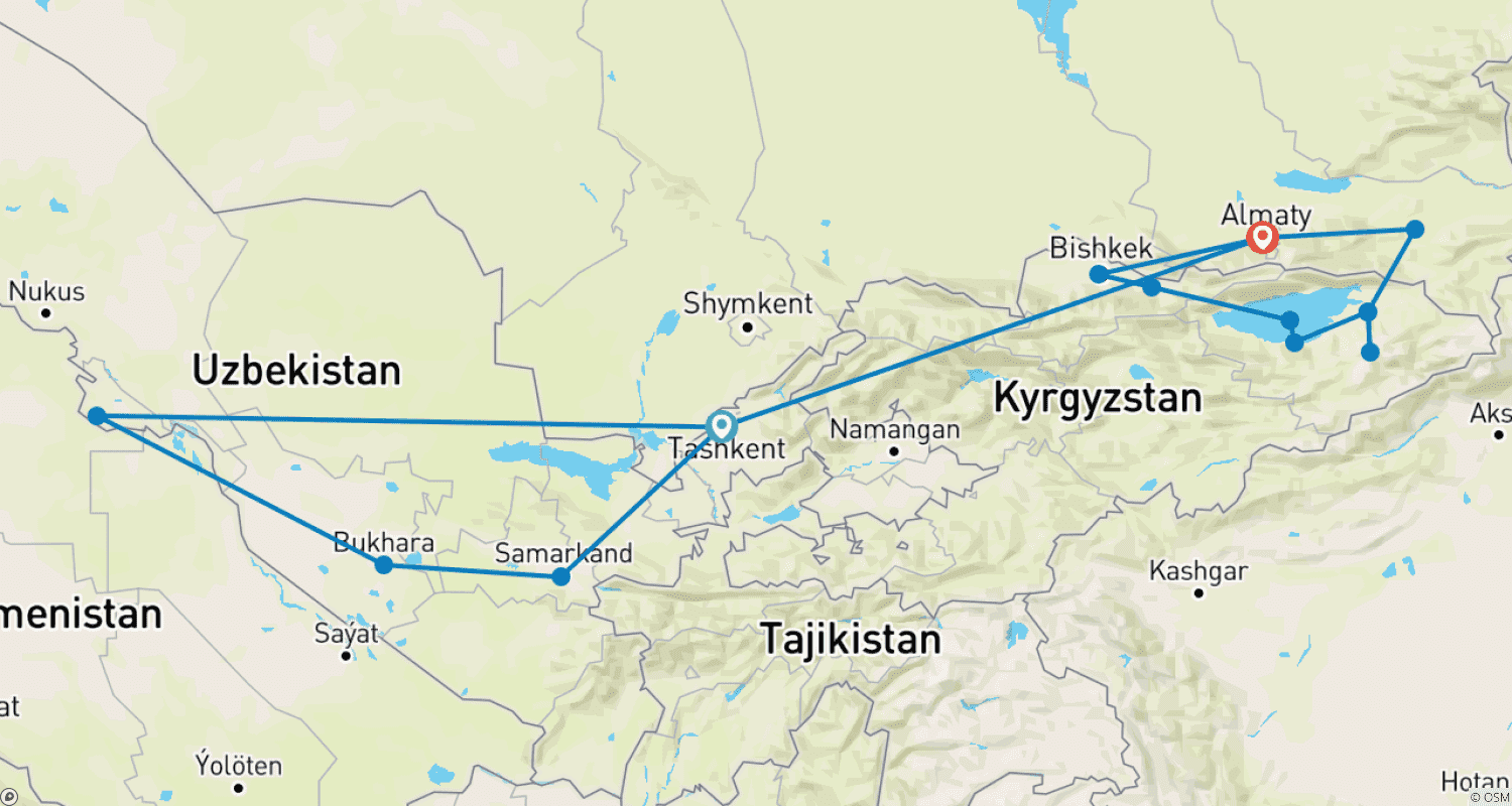 Mapa trasy: Premium Central Asia (15 destinations)