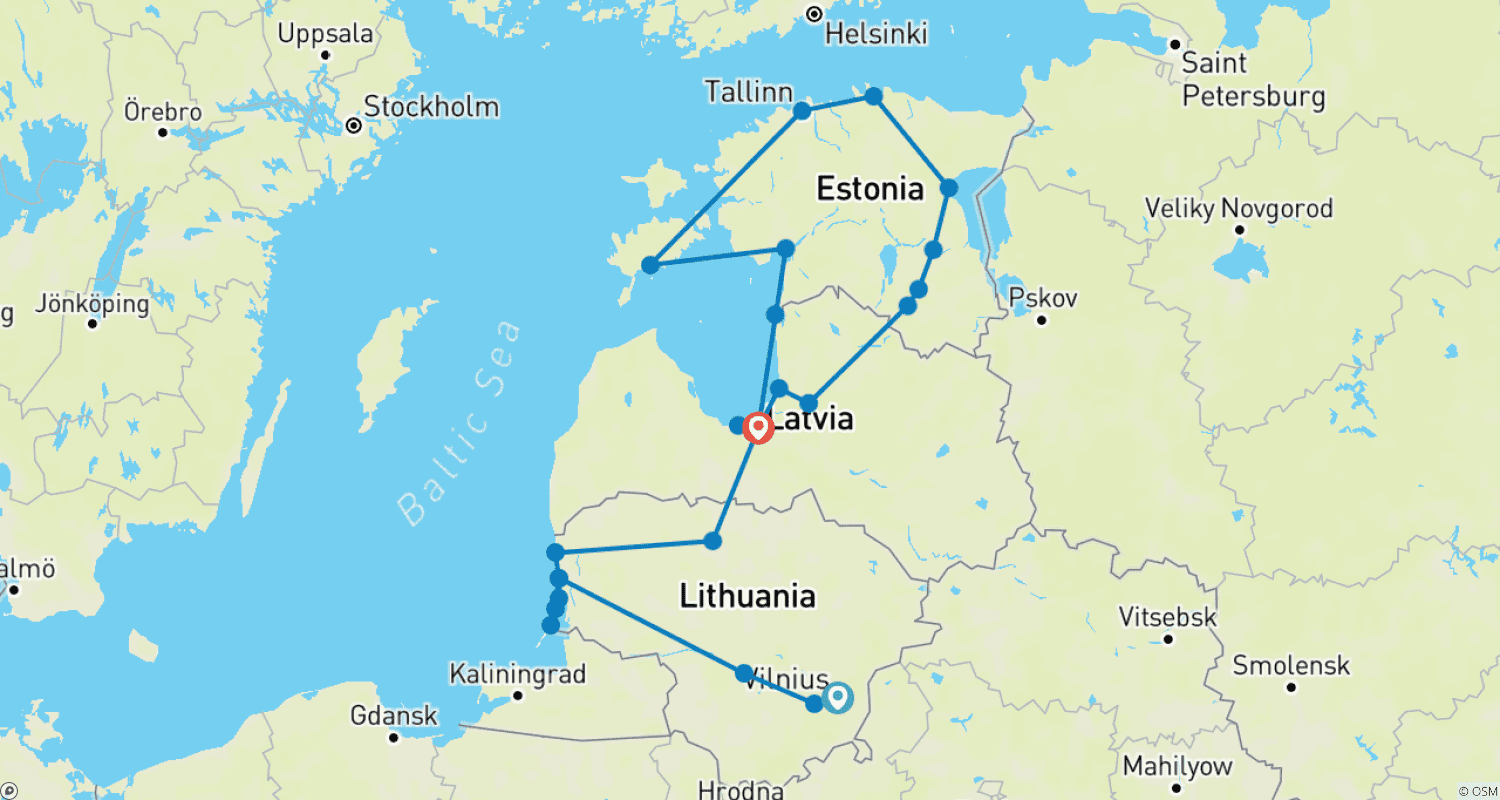 Mapa trasy: Rowerem po Państwach Bałtyckich z wyspą Sarema, Mierzeją Kurońską, Parkami Narodowymi Gauja i Lahemaa