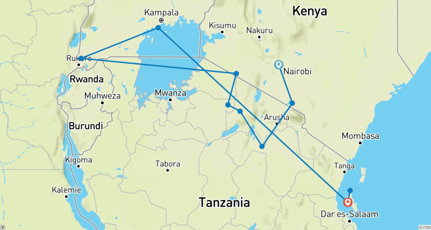 Mapa do percurso de Safári de 18 dias no Quênia, Tanzânia e Uganda com Excursão de Praia em Zanzibar 2026