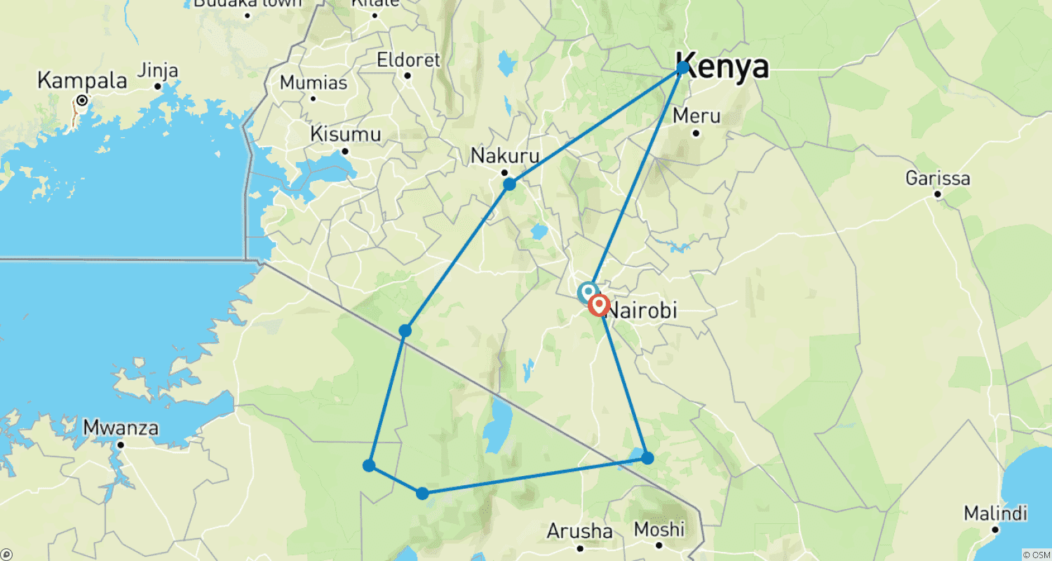 Mapa trasy: 10-dniowe safari średniej klasy w Kenii i Tanzanii 2026