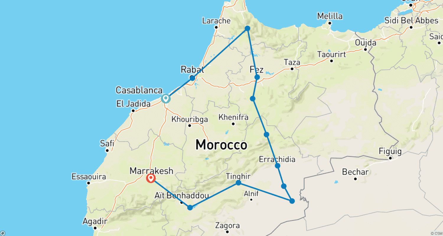 Mapa do percurso de Tour Privado de 7 Dias de Casablanca a Marrakech (Visitando Casablanca, Rabat, Chefchaouen, Fes, Deserto de Merzouga e Marrakech)