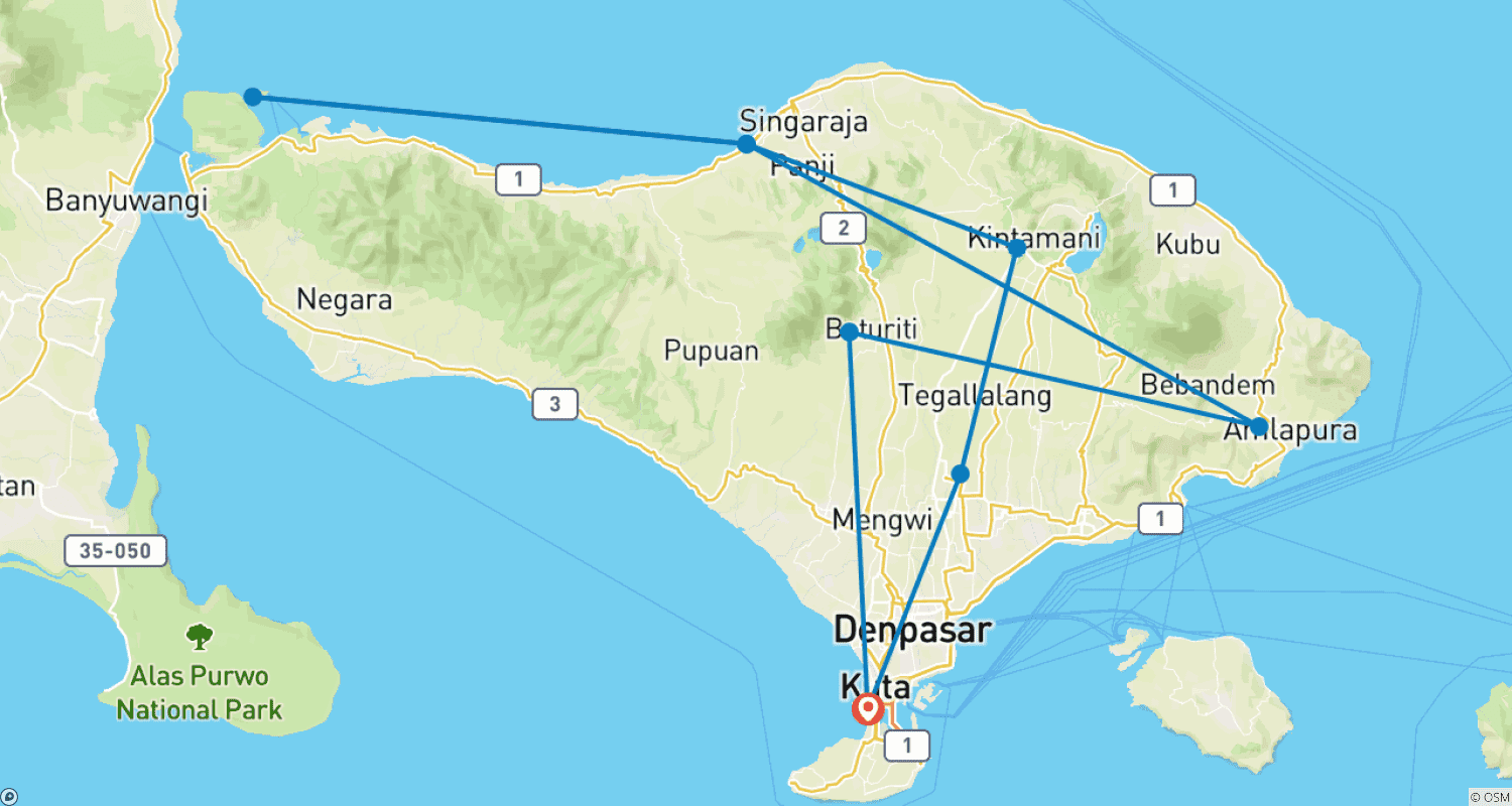 Mapa trasy: 10-dniowa ucieczka na Bali: świątynie, spokojna natura i doświadczenia z kuchnią organiczną
