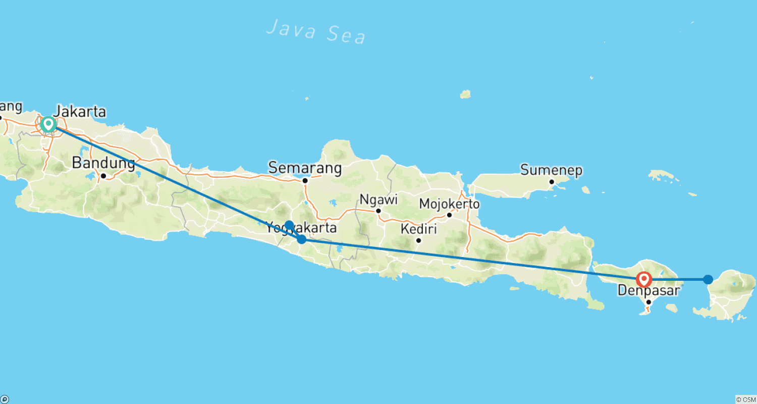Mapa trasy: Odkryj Indonezję: 13-dniowa wycieczka po Dżakarcie, Yogyakarcie, Bali, Gili Trawangan i Lombok