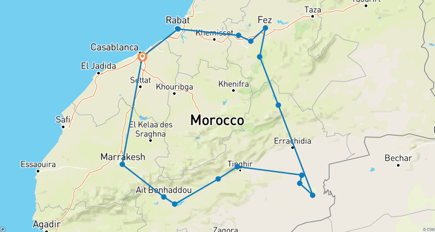 Mapa trasy: Wycieczki po Maroku z Casablanki 9 dni