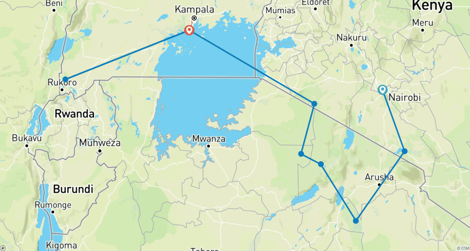 Mapa do percurso de Férias de Safári de 12 dias no Quênia, Tanzânia e Uganda