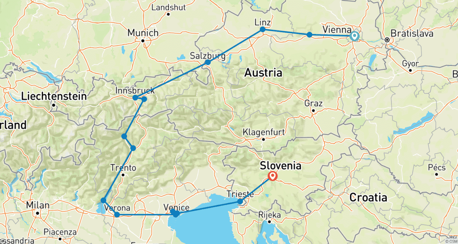 Mapa do percurso de Picos Alpinos e Lagos da Áustria, Itália e Eslovênia