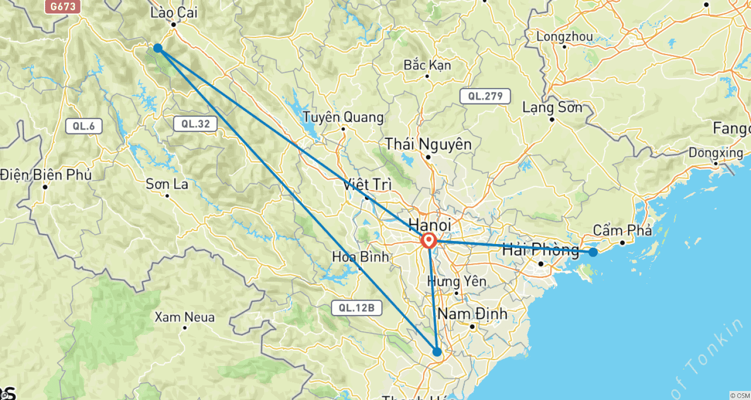 Mapa trasy: Odkryj cuda Północnego Wietnamu: 7 dni Hanoi, Sapa, Halong.
