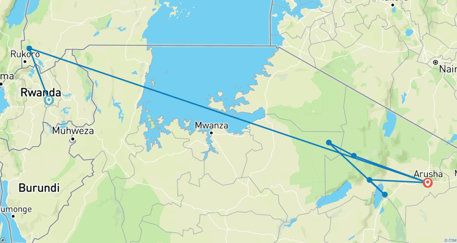 Experience Uganda Gorilla Trekking and Tanzania Migration Safariのルートマップ