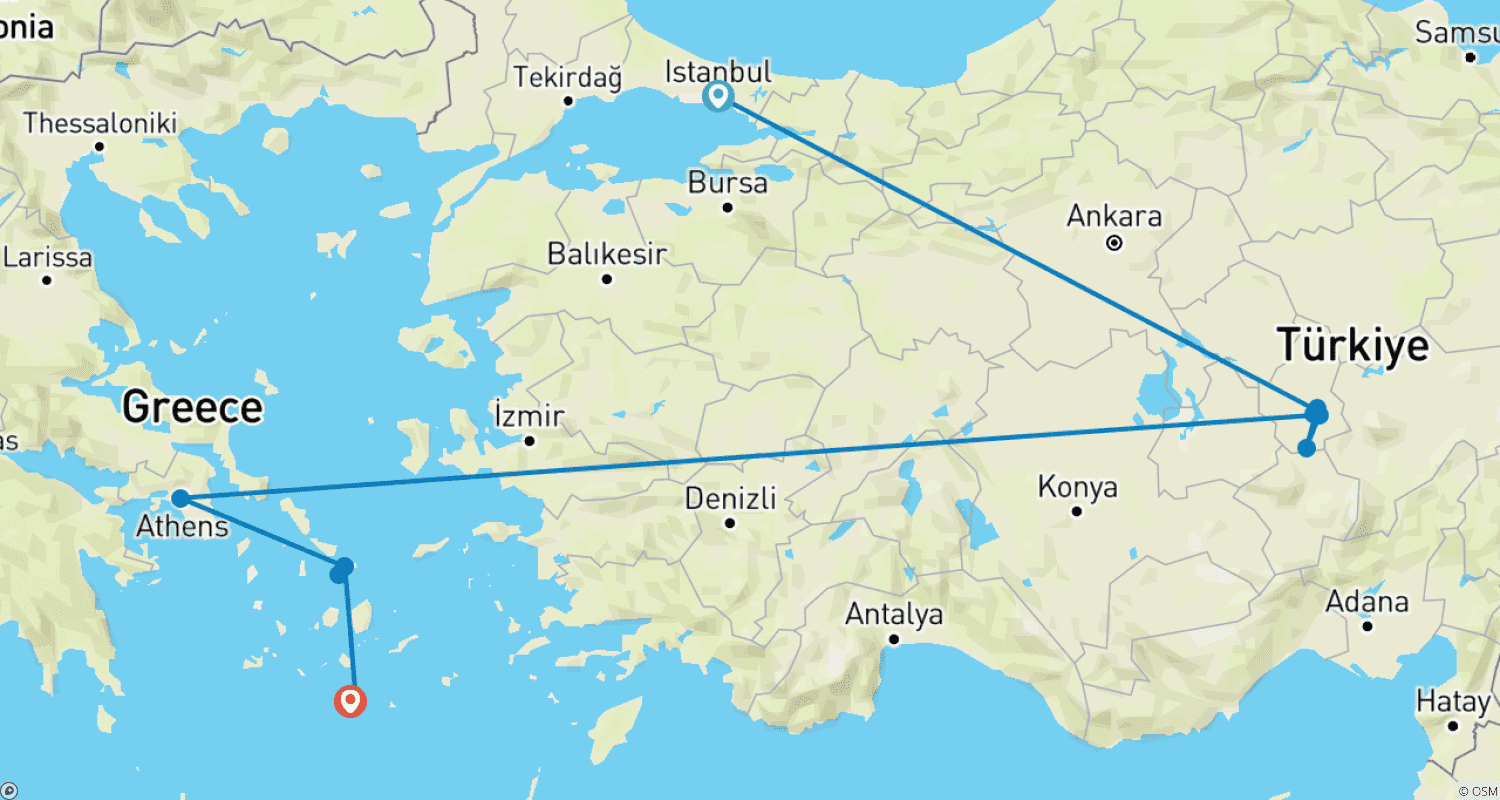 Mapa trasy: PRYWATNA - 10-dniowa wycieczka po Turcji i Grecji - Stambuł, Kapadocja, Ateny, Mykonos i Santorini z 4 lotami wliczonymi w cenę