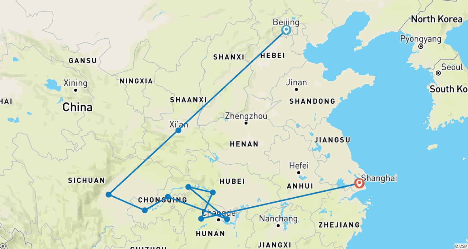 خريطة مسار China Essence: Beijing, Xian, Chengdu, Yangtze Cruise, Zhangjiajie and Shanghai 14 Days