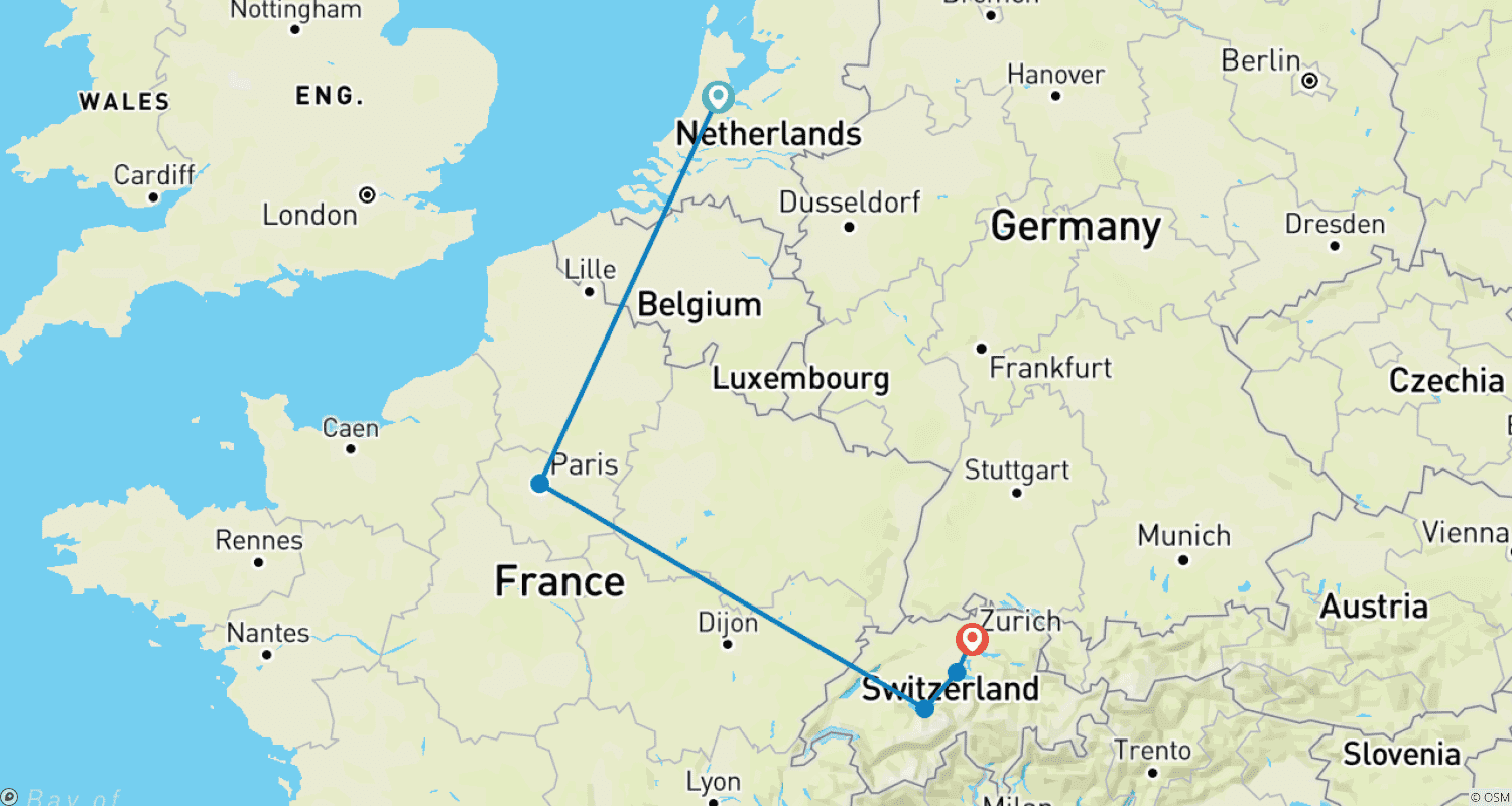 خريطة مسار Amsterdam, Paris and Switzerland in 10 days