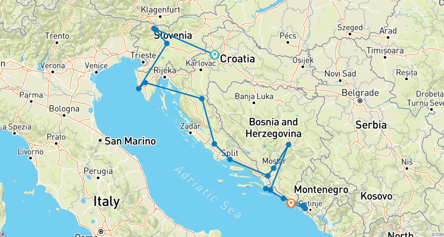 Mapa do percurso de Highlights of four Balkan countries