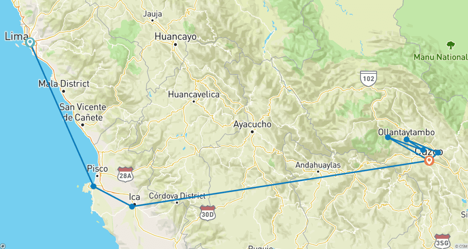 Mapa trasy: 8 dni - Lima - Święta Dolina – Tęczowa Góra – Cusco
